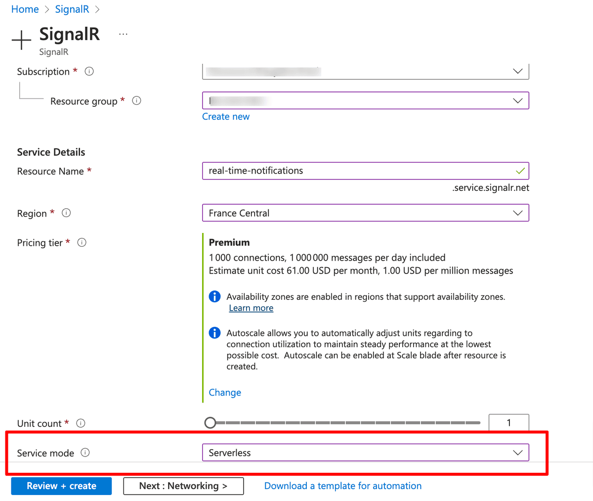 Creating a SignalR Service in Azure portal SignalR Service creation in Azure portal