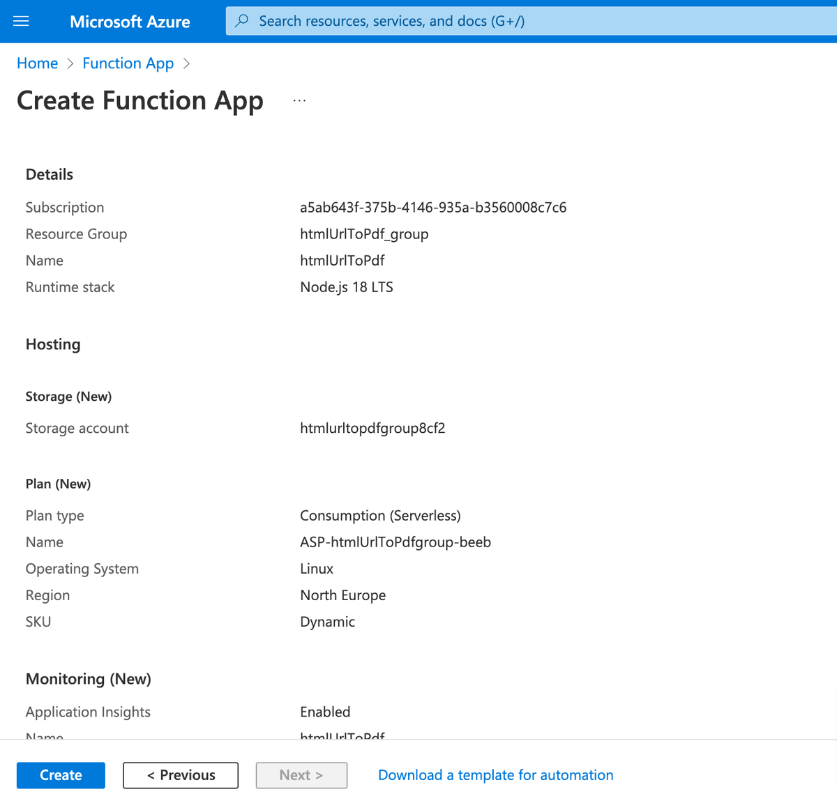 Created Azure Function named 'htmlUrlToPdf' in the Azure portal website