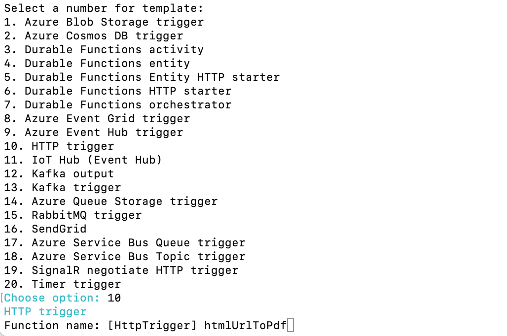 Creating an HTTP trigger function named 'pdfGenerator' for Azure Functions locally