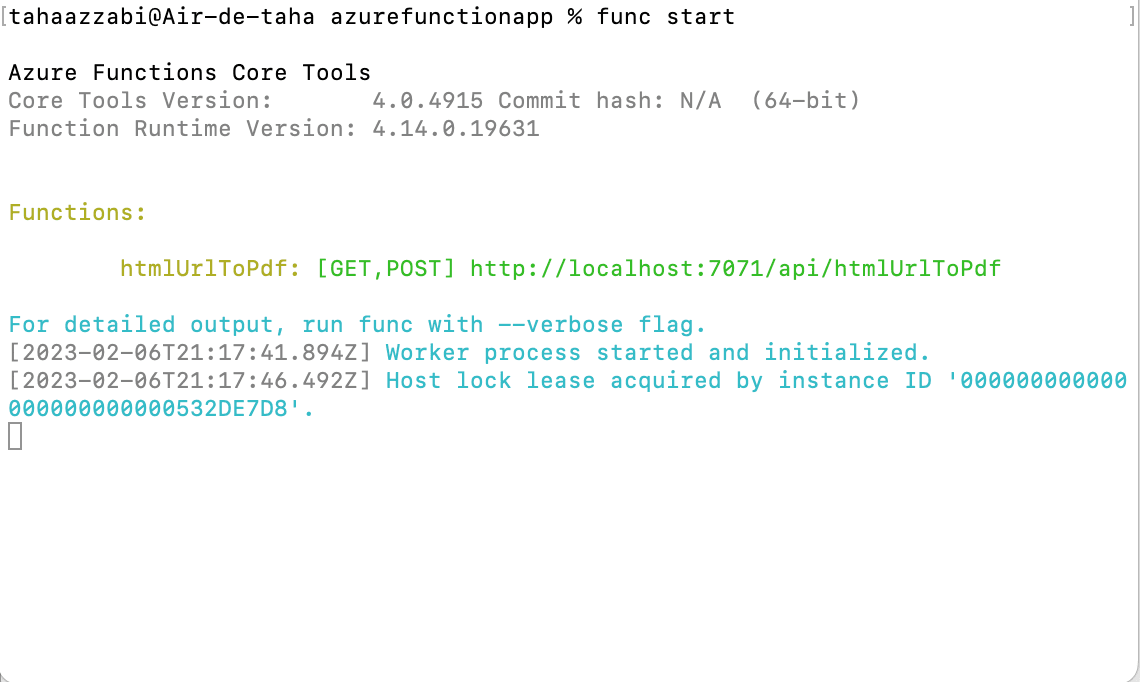 Azure Functions local development server is up and running
